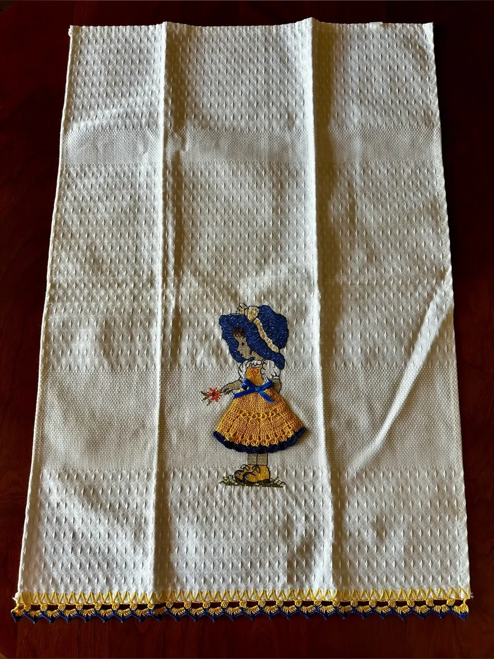 NWOT Pair of embroidered and crocheted tea towels. White cotton waffle weave.